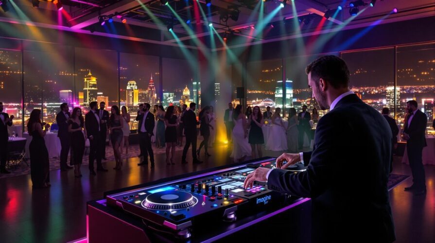 DJ mixing at a wedding reception with city skyline views